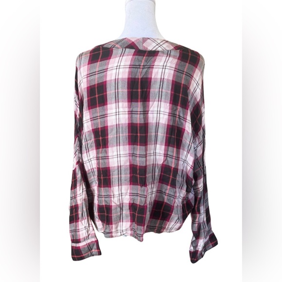 Express Plaid Tie Front Button Blouse - Picture 2 of 5
